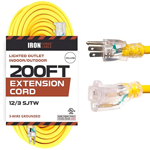 Iron Forge Heavy Duty Extension Cord, 200 Ft Extension Cord Outdoor With 3 Prong Lighted End, 12 Gauge Extension Cord 200' Construction Grade Great For Major Appliances & Generator - Us Veteran Owned #TOP5