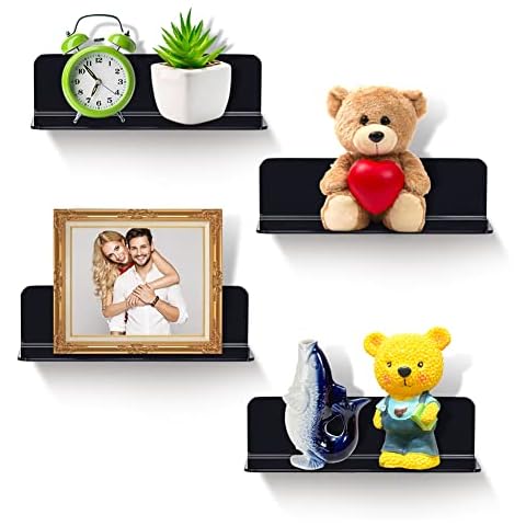 Gohytal Wall Shelf, Black, Set of 4, 22.9 cm Acrylic Shelves, No Drilling, Floating Shelves with Cable Clips, Wall Bookcase, Kitchen Shelves, Toy Storage Shelves, for Bedroom, Living Room, Office Cover