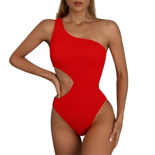 Bañador Mujer Natacion Traje de Baño Mujer 2024 Sexy Reductor Barriga Swimsuit Un Hombro Color Sólido Bañador Brasileño Deportivo Bañadores con Relleno Playa Arena Tankinis Swimwear (Rojo,L)