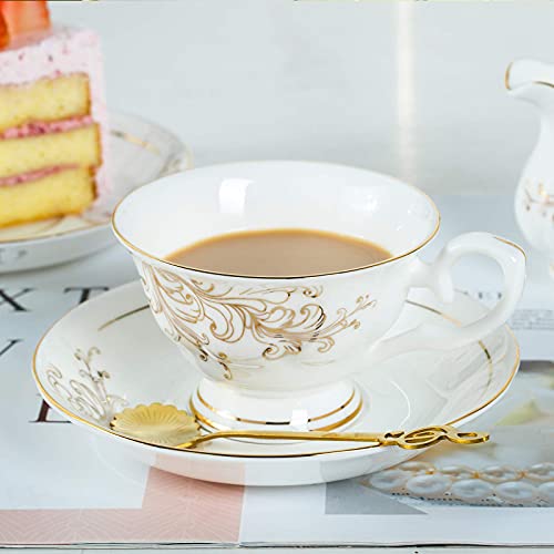 Daveinmic 22-Pieces Porcelain Bone China Tea Sets,Gold Rim Coffee Set With Golden Metal Rack,Cups,Saucers,Spoons,Teapot,Sugar Bowl,Creamer Pitcher,Tea Gift Sets For Home&Party(Gold Rim Phoenix Set) #TOP6