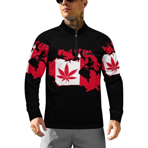 Marijuana Leaf on Canada Map Men's Rash Guard Long Sleeves Quick Dry Fishing Workout Shirts with Zipper