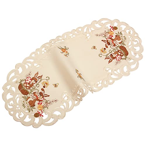 Quinnyshop Camino de mesa de Pascua con diseño de conejos, color crudo y crema, aspecto de lino, aprox. 40 x 90 cm, ovalado Cover