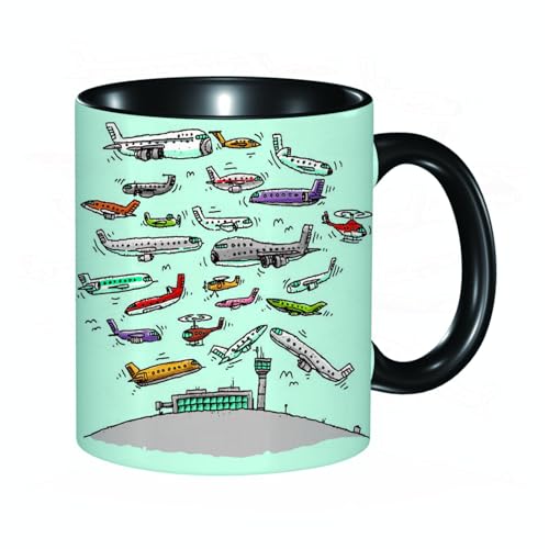 HRRASFAZF Taza divertida de cerámica de 11 onzas,Decoración de aviones, aviones en el aeropuerto de aviación, helicóptero,Tazas Originales de Desayuno - Graciosos Ideas para Regalos - Cerámica 330 ml