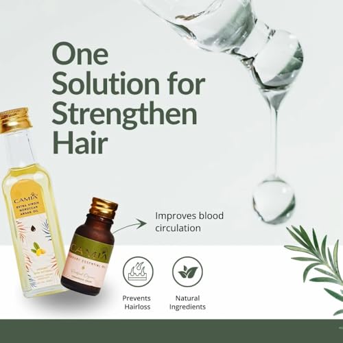 Image of CAMIA - Strong & Hydrated Hair Kit For Men & Women | 100% Organic Moroccan Argan Oil, 100 Ml & Rosemary Essential Oil, 15 Ml | Provides a Softening & Relaxing Effect on the Skin