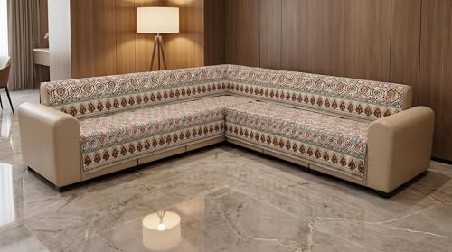 Image of Luxury Sofa Cover L Shape 5 Seater - Ivory Moroccan Hexagon 3+2 Seater (5 Seater) Quilted Sofa Cover Set Pack of 5, Washable, Ivory Rust