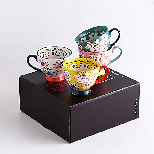 Superyes Cute Pink Ceramic Coffee Mug Handmade Floral Tea Cup For Milk, Latte, Cappuccino, Tea, Cocoa, Cereal, Hot Chocolate (12 Oz X 4 Pcs) #TOP2