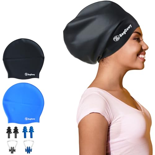 Women Extra Large Swim Cap for Braids and Dreadlocks, Silicone Keep Hair Dry Swimming Caps for Long Hair Extensions Weaves, Waterproof Bath Pool Shower Cap 2 Pack