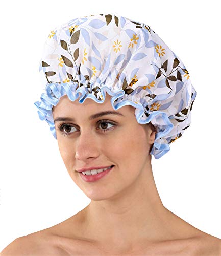 Joemoon Long Hair Shower Cap Women Leaf Fabric Eco Waterproof Lined Reusable Washable 3 Pack