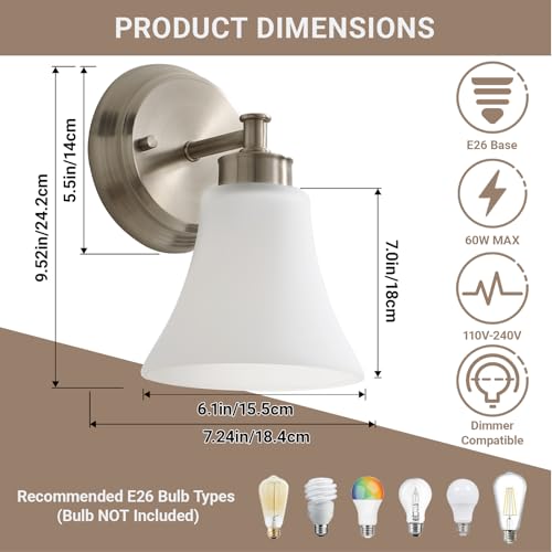 Image of LOUSACE 2 Pack 1-Light Brushed Nickel Bathroom Lighting Fixtures Vintage Bathroom Vanity Lights with Opal White Glass, Set of 2 Single Vanity Wall Sconces for Side Mirror Cabinet Stairs Living Room