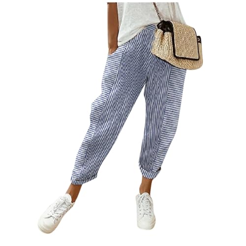 Generic Summer Pants for Women 2024 Casual Dressy Linen Beach Drawstring Capri Crop Pants 2024 Elastic Waist Crop Trousers2