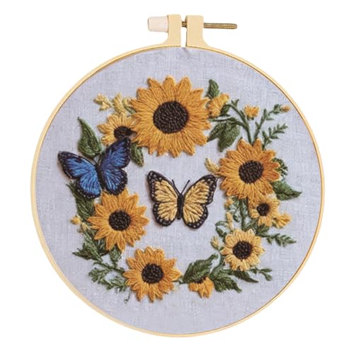 Image of Huacan Embroidery Kit for Beginners Adults Includes Stamped Sunflower Pattern, Hoop, Color Threads,Tools,Easy to Follow Instruction