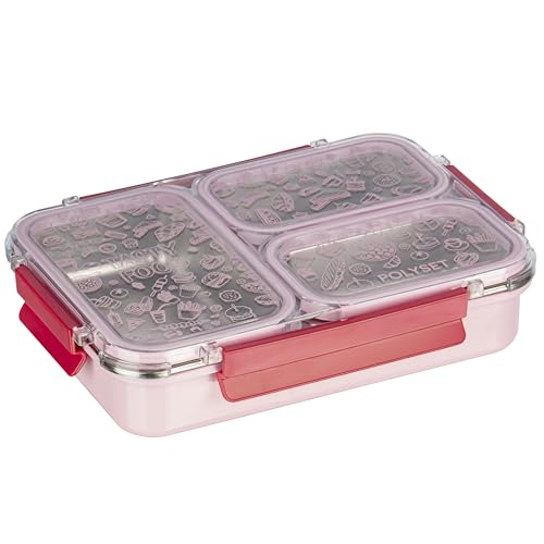 Image of Polyset Munch Mate 800 3 PARTITION - Pink PU Insulated Lunch Box with Partitions | Keeps Food Warm | Office & School Pack of 1 800ml