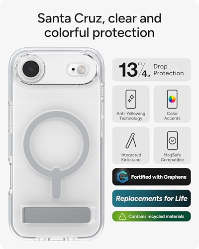 Image of ZAGG Santa Cruz Snap Case with Kickstand for iPhone Air - Silver, Drop Protection (13ft /4m), MagSafe Charging Compatible, ClearGuard Anti-Yellowing Technology, Scratch Resistant Phone Case