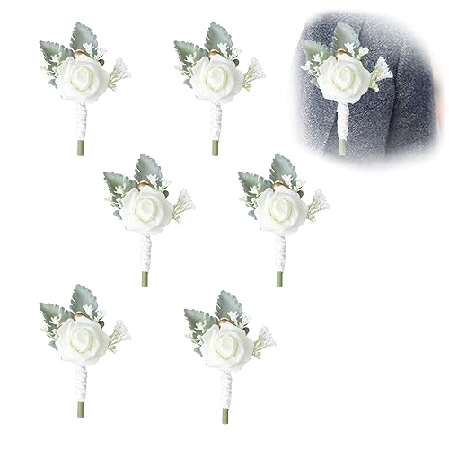 JAWAI 6 Pièces Rose de Boutonnière, Boutonnière Mariage Homme, Boutonnière de Mariage pour Hommes, Roses Blanches pour Corsage, Convient pour Les Mariages, Bals,...