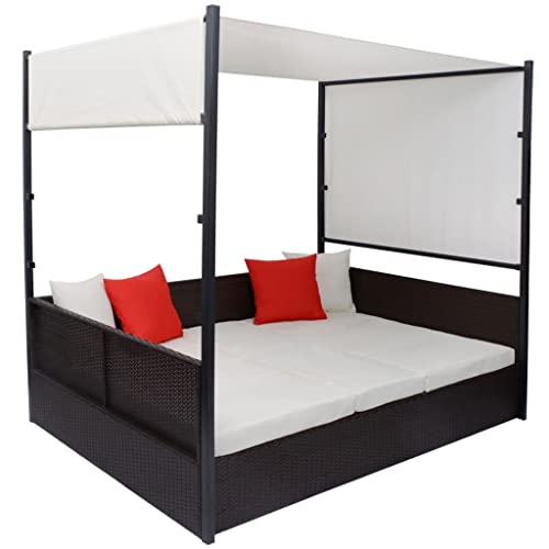 Emmtore Cama de jardín con toldo ratán sintético marrón 190x130 cm