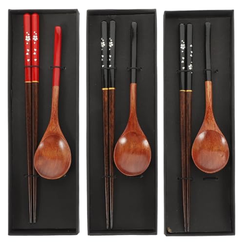 FELTECHELECTR Japanese Style Wooden Spoon and Chopstick Set 3 Pairs Lightweight Reusable Travel...