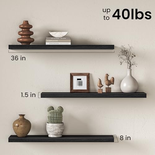 Image of Fun Memories 36Inch Floating Shelves for Wall, 8 Inch Deep Shelves for Bathroom|Bedroom|Kitchen, Large Wall Mounted Wood Hanging Shelf with Invisible Brackets for Home Storage Decor, Black - 2 Pack