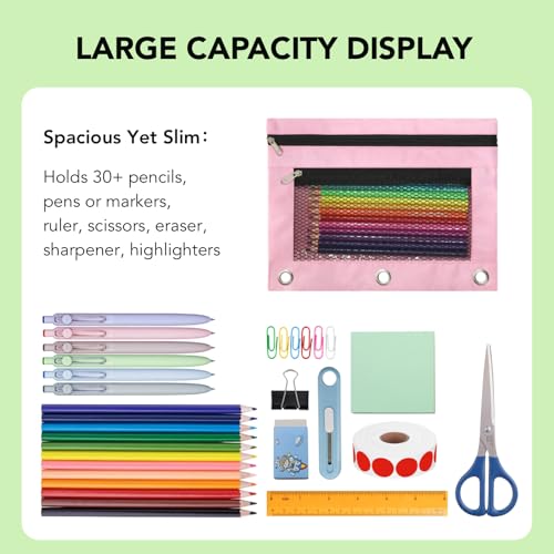 Image of Pencil Pouch for 3 Ring Binder, Heavy Duty Canvas Dual Zipper Pen Bag with Clear Window, Smooth Metal Zipper, Fit Standard 3-Ring Binders for School Office Travel Supplies (Pink)