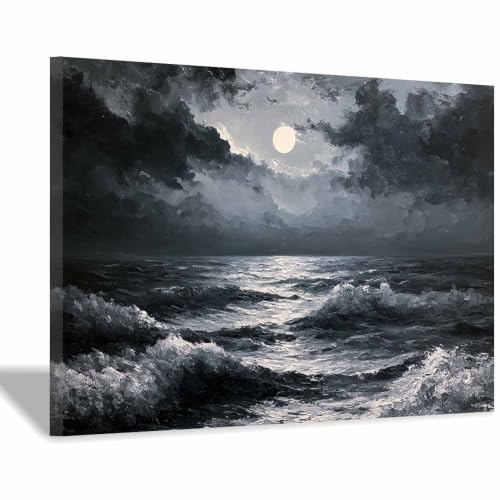 Toile lune mer sombre XENIOU tableau noir et blanc deco murale salon et chambre