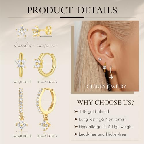 Hoop Earrings for Women, 14k Gold Plated Hoop Earring, 925 Sterling Silver Dainty Cubic Hypoallergenic Earrings Set, Hoop Earring for Sensitive Ears Gifts for women4