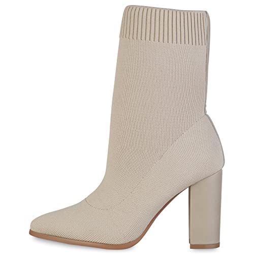 VAN HILL Damen Schlupfstiefeletten Stiefeletten Blockabsatz Schuhe Strick Boots Stiefel Spitze Absatzschuhe Booties Stoffschuhe 202663 Beige 40