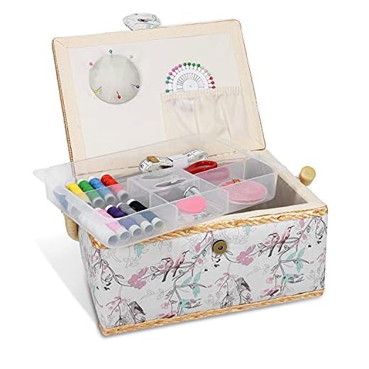 Navaris Sewing Box with Accessories - Sew Basket with Organizer Tray Compartments 9.7" x 6.9" x 4.9" - Includes 76 Piece Kit - Bird Print