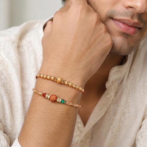 Image of Peora Rakhshabandhan Thread Rakhi for Brother Bhaiya | Kundan Beads & Crystal Studded | Combo Set of 2 | Rakhi Hamper Roli Chawal & Greeting Card