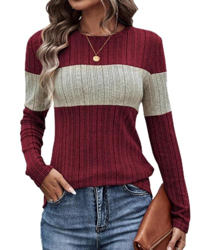 Image of SherryDC Women Long Sleeve Tunic Shirts Lightweight Thin Sweater Color Block Ribbed Casual Crewneck Fall Top