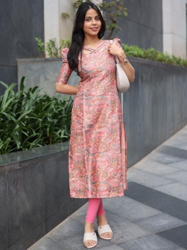 Image of Sun Fashion And Lifestyle Women's Chanderi Stitched Printed Regular Fit Straight Long Kurta for Women