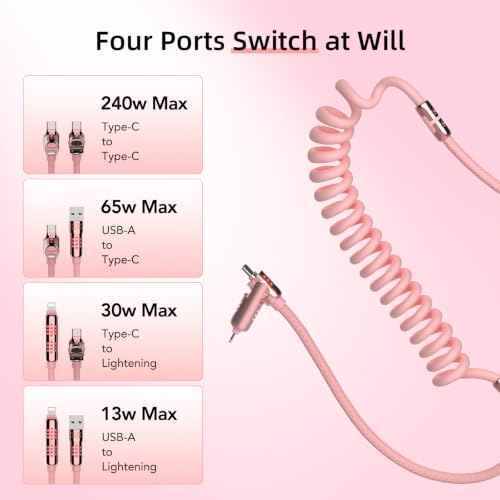 Image of MFish 4 in 1 Coiled USB C Cable, 6.6FT, 240W, Pink | Portable, Fast Charging, USB A /C to USB C and Lightning, iPhone 17 /16 /15, iPad, MacBook Pro /Air, Laptop, Android
