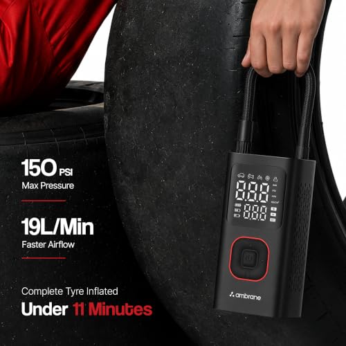 Image of Ambrane Portable & Rechargeable Tyre Inflator with 2-in-1 Cordless & Corded, Powerful 80W Motor, 150 PSI Pressure, 5200mAh Battery, Auto Shut-Off, Fast Charging for Car, Bike, Balls (Turbo+, Black)