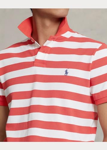 Image of POLO RALPH LAUREN Mesh Short-Sleeve Classic Fit Mens Polo Shirt with Bold Stripes and Polo Pony Embroidery Shirt (US, Alpha, X-Large, Regular, Regular, Reef Red - White)