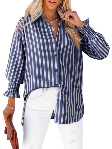 Women's Casual Puff Long Sleeve Button Down Striped Shirt Oversized