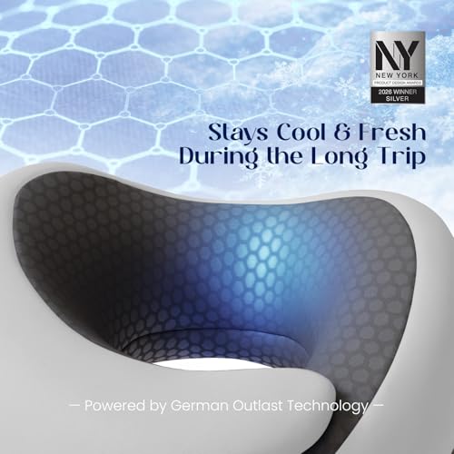 Image of Dream Valley Neck Travel Pillow, Memory Foam Travel Pillow for Airplane, Portable Roll-Up Neck Pillow with Cooling Inner Fabric, 360 Ergonomic Support, No Head Bobbing, Light Gray