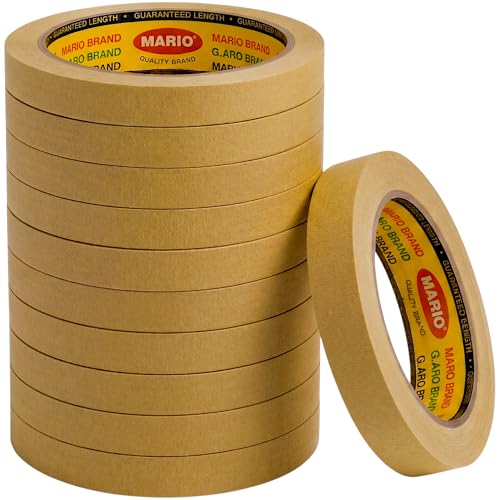 Image of Mario Brown Masking Tape - 20 Meter Length, 12mm Width - Strong Adhesive Tape for Painting, Repair & DIY Work - Residue Free - Pack of 12 Rolls