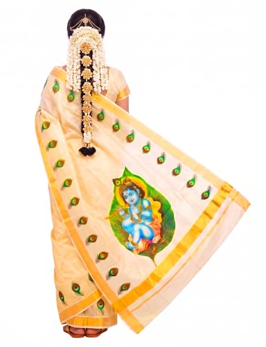 Image of Women's Mural Printed Kerala Gold Tissue Saree with Running Blouse Piece | Traditional South Indian Ethnic Saree for Festivals, Weddings & Special Occasions