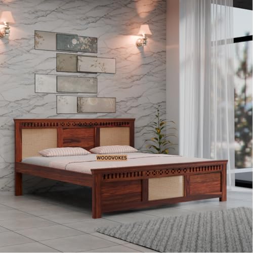 Image of Sheesham Wood 1 Bed Without Storage Solid Wooden Cot Bed Elegant and Functional Bedroom Living Room Home (Honey Finish 3 Can, Queen)