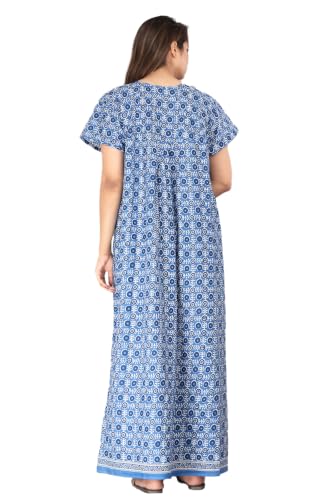 Image of Kuruti B Sheets Cotton Nighty for Women Jaipuri Print 2 Button Round Neck Short Sleeve Night Gown | Maxi Dress