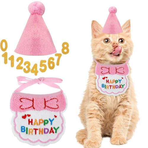 KIRZAX Set Gorro Bufanda Cumpleaños, para Perros & Gatos Pequeños, Bandana Rosa Bordada, Números de Cumpleaños & Decoración Feliz Cumpleaños