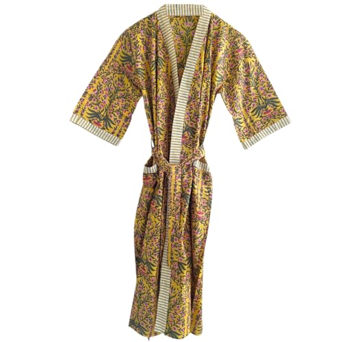 RAJBHOOMI HANDICRAFTS Kimono de algodón estampado de tela para hombres y mujeres, vestido de kimono de playa para cubrir traje de baño bata Cardigan Kimono vestidos, amarillo, XL-XXL