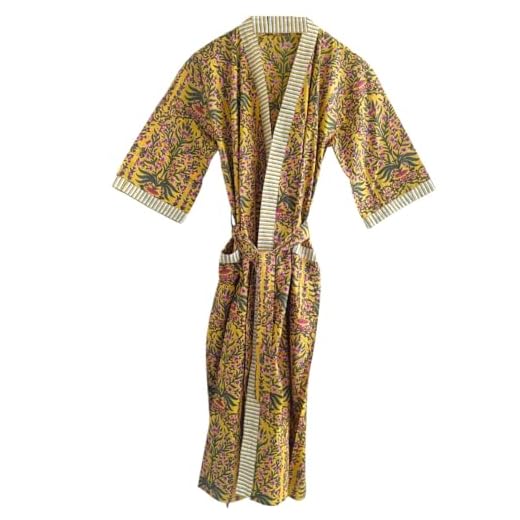 RAJBHOOMI HANDICRAFTS Kimono de algodón estampado de tela para hombres y mujeres, vestido de kimono de playa para cubrir traje de baño bata Cardigan Kimono vestidos, amarillo, XL-XXL