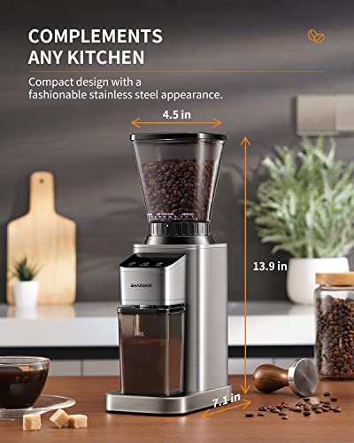 Shardor Conical Burr Coffee Grinder With Precision Electronic Timer, Electric Adjustable Burr Mill With 48 Precise Settings, Brushed Stainless Steel #TOP5