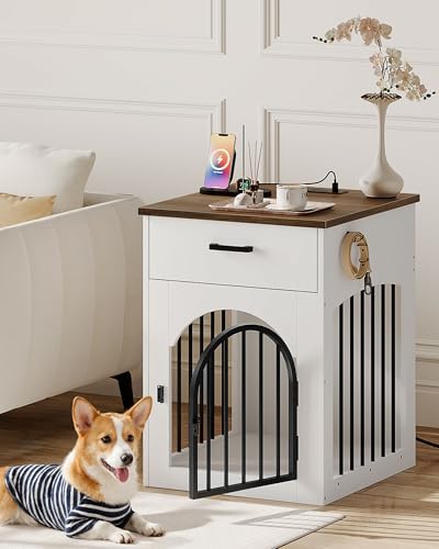 Dog Crate Furniture, Wooden Dog House with Charging Station and Storage Drawer, Indoor Pet Crate End Table for Small Breeds, for Living Room, Bedroom, White and Walnut MGW01UWL - Image 3