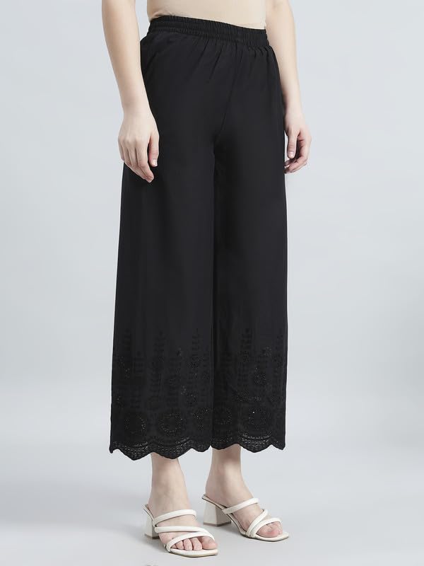 Image of GO COLORS Soft Cotton Embroidered Wide Pant Full Length for Women | Mid Rise, Breathable
