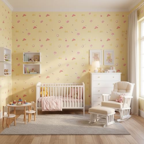 Image of Yellow Kids & Circle Textured Kids Room Wallpaper | Peel & Stick Self Adhesive | Waterproof Removable PVC Vinyl | Baby Boy Room Decoration 16 x 240 Inch