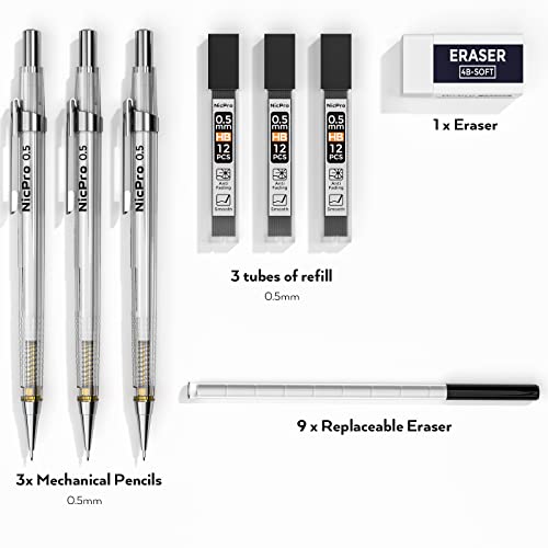 Nicpro 3 Pcs 0.5 Mm Art Mechanical Pencil Set With Case, Drafting Pencil 0.5Mm With 3 Tubes Hb Lead Refills, Eraser For School Supplier, Architect Art Writing, Drafting, Drawing, Sketching #TOP2