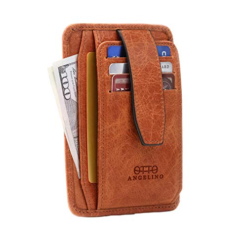 Otto Angelino Portefeuille Minimaliste Anti-RFID pour Homme - Fermeture Rapide - Fin, Porte-Cartes de Crédits en Cuir Italien - Porte-Monnaie à l'Arrière - Accès Rapide aux Cartes (Marron Clair)