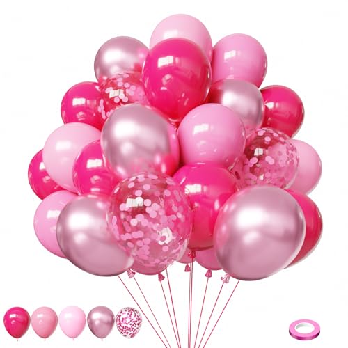 Image of Pink Balloons, 60Pcs 12in Hot Pink Balloons | Latex Balloons for Girls Women Birthday Valentine's Day Wedding Party Decoration