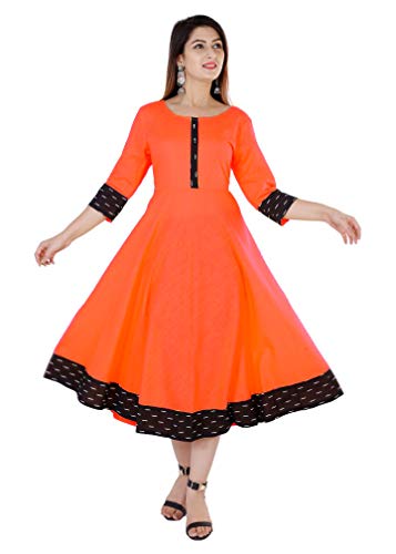 Image of Cotton Plain Black Parinted Lace Border Anarkali Dress Kurtis for Women - Not a Set with Dupatta or Pant