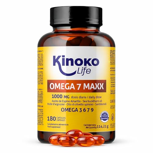 OMEGA 7 MAXX 180 Gélules (Cure 3 Mois) Huile d’Argousier 1000 mg Dose Journalière (500 mg/Gélule) Oméga 3 6 7 9 + Vitamine E Peau et Muqueuses Confort...